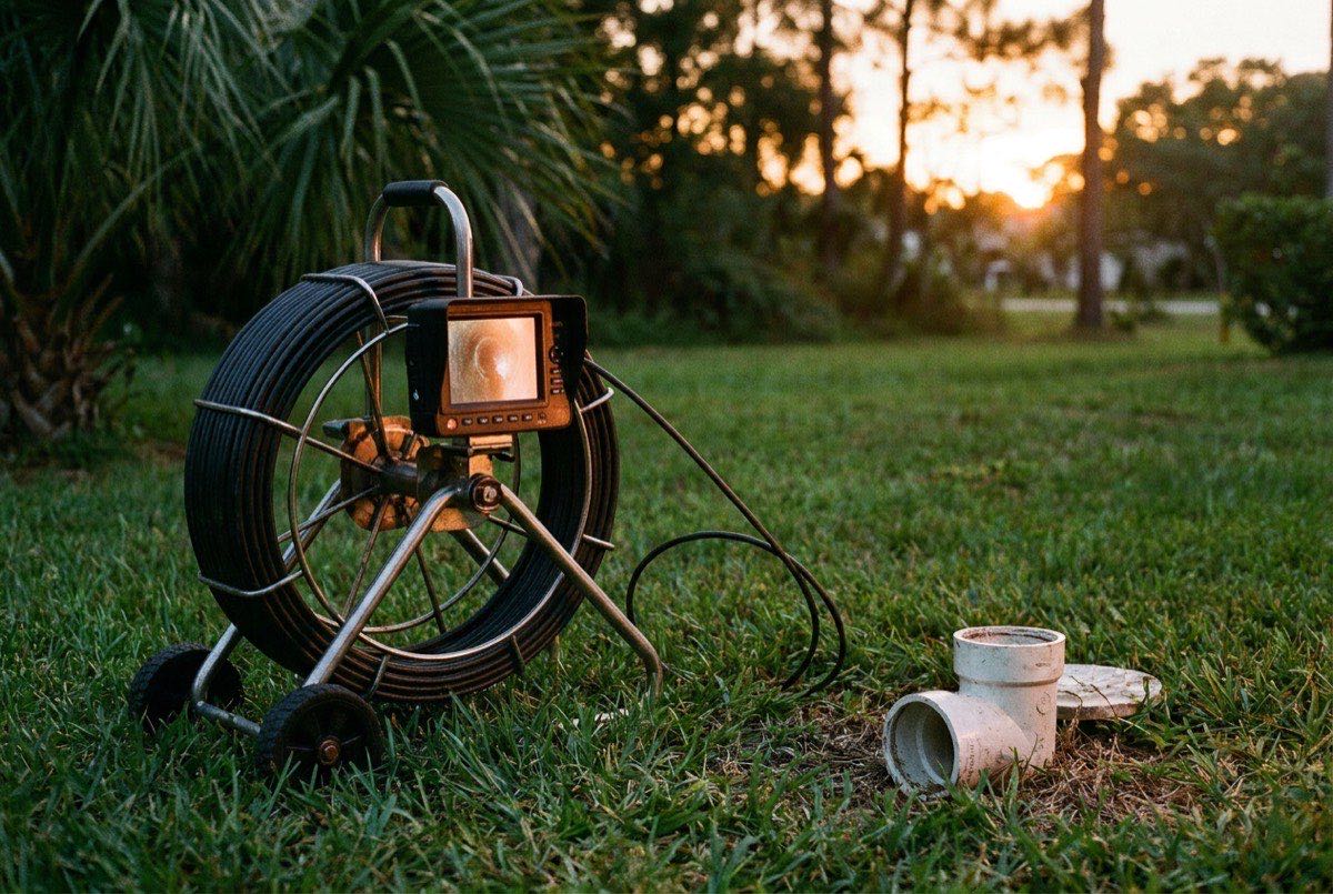 Sewer inspection camera reel and monitor set up beside an open cleanout on a Jacksonville lawn