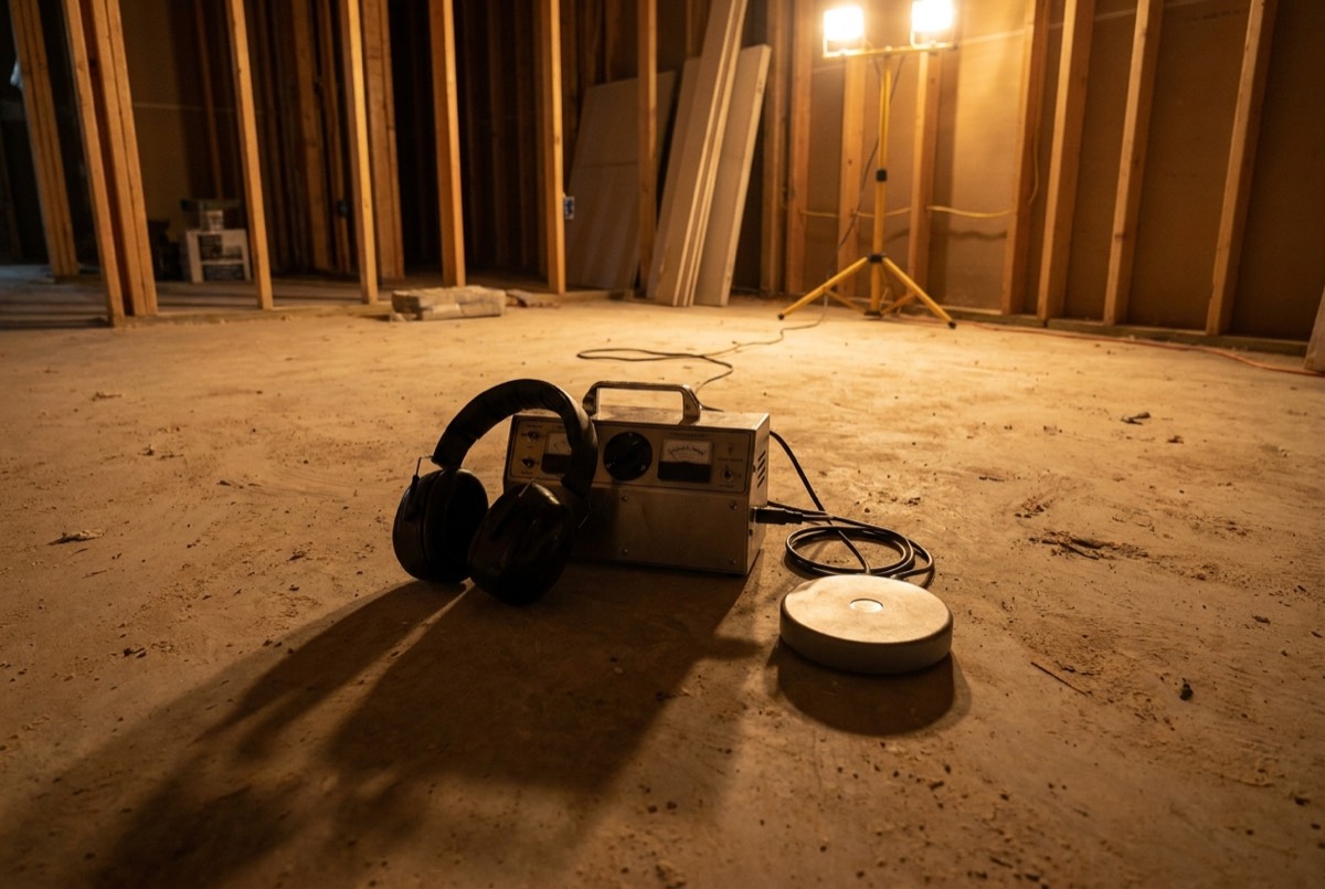 Plumber using electronic leak detection equipment on the slab floor of a Mandarin home